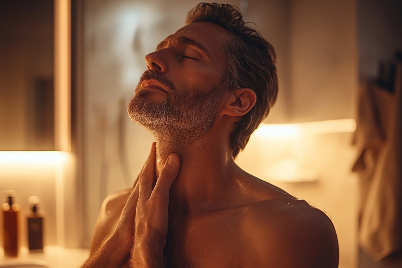 Mindful man preparing for a Tantra massage with a warm shower, practicing self-care and respect before the session